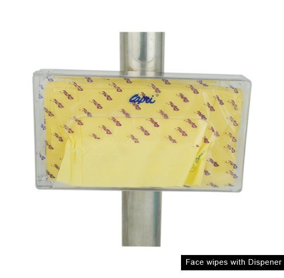 Capri face wipes dispenser with 2-ply face wipes, 50 pulls, showing the compact dispenser and fresh wipes inside.