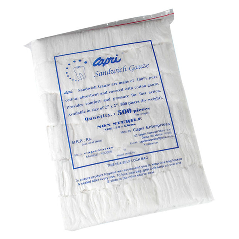 Non-sterile Capri Sandwich Gauze in white, soft medical gauze for wound dressing and compression.