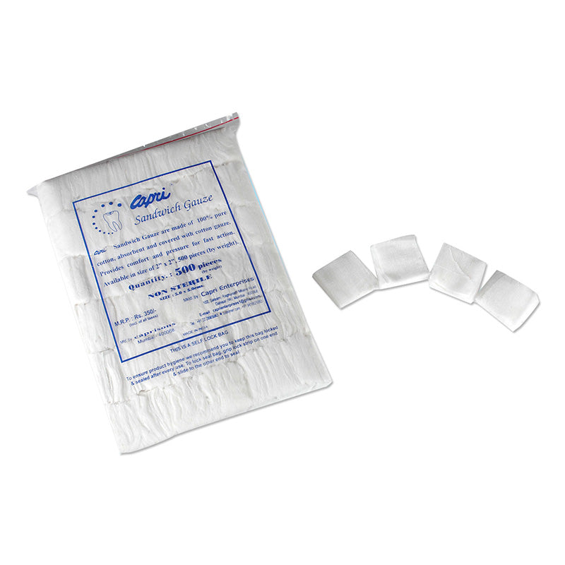 Non-sterile Capri Sandwich Gauze in white, soft and breathable medical gauze for wound dressing and care.