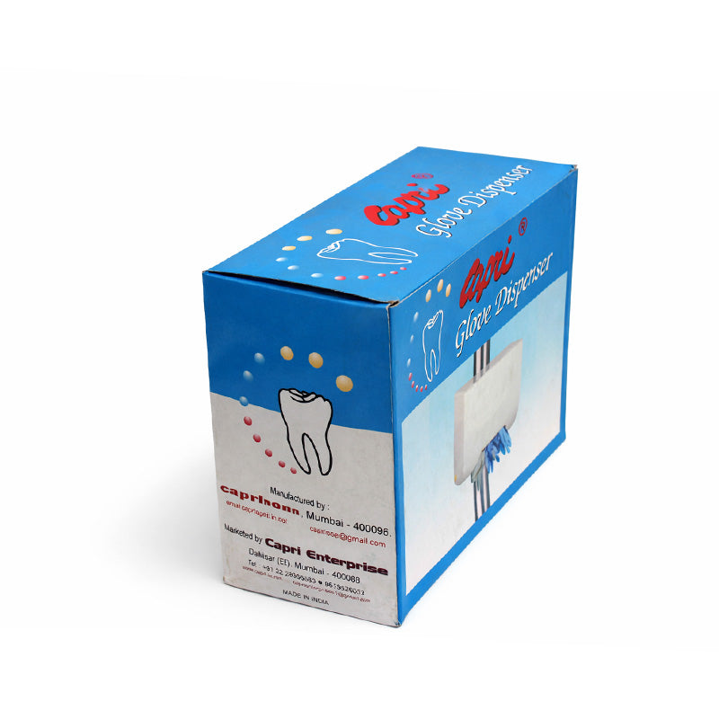 Capri protection glove dispenser mounted on wall, white plastic with clear cover for easy glove access and hygiene.