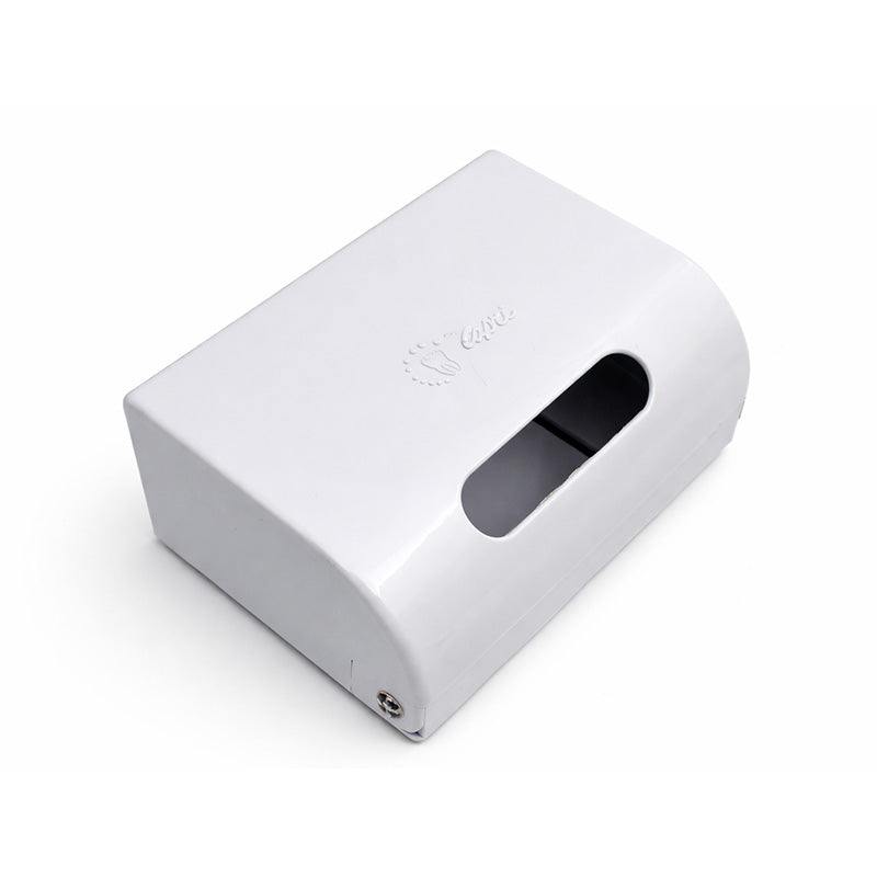 Capri protection glove dispenser mounted on wall, white plastic housing with opening for easy glove access, ideal for sanitation.