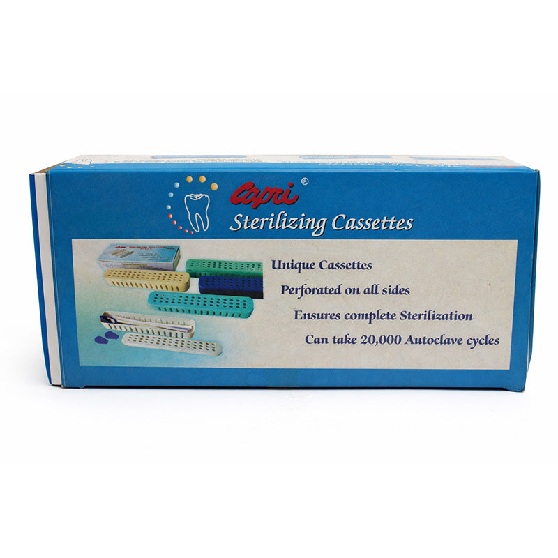 Capri sterilization Cassattes in a sterilization tray, featuring multiple interconnected metal sterilization compartments.