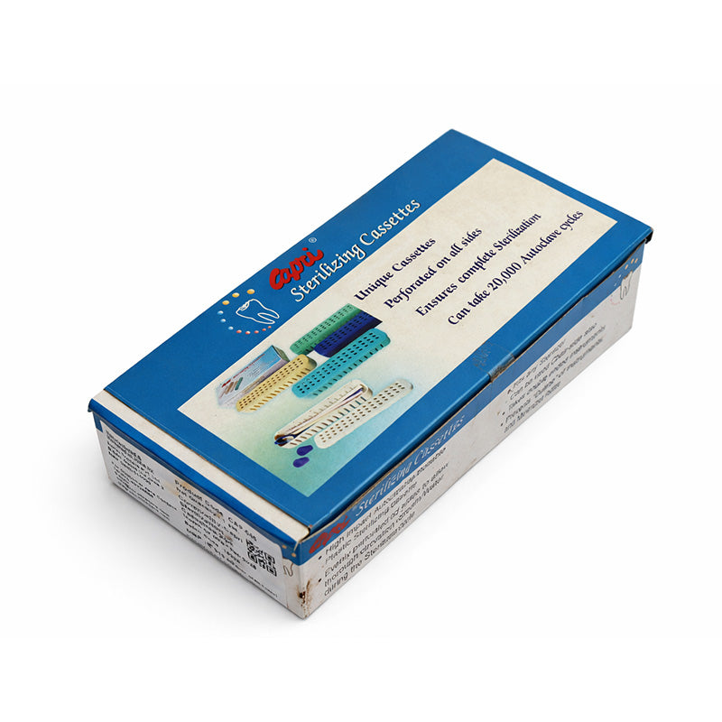 Capri sterilization cassette with secure locking mechanism and sterilization indicator for medical instrument sterilization.