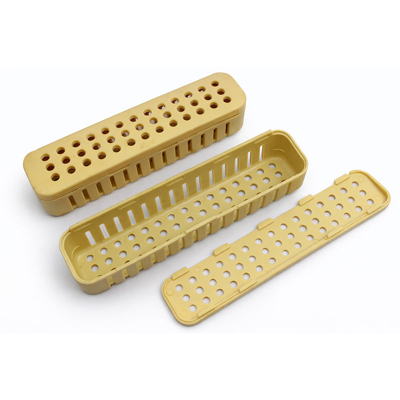 Capri sterilization cassette with locking mechanism, used for medical instrument sterilization, shown with closed metal design.