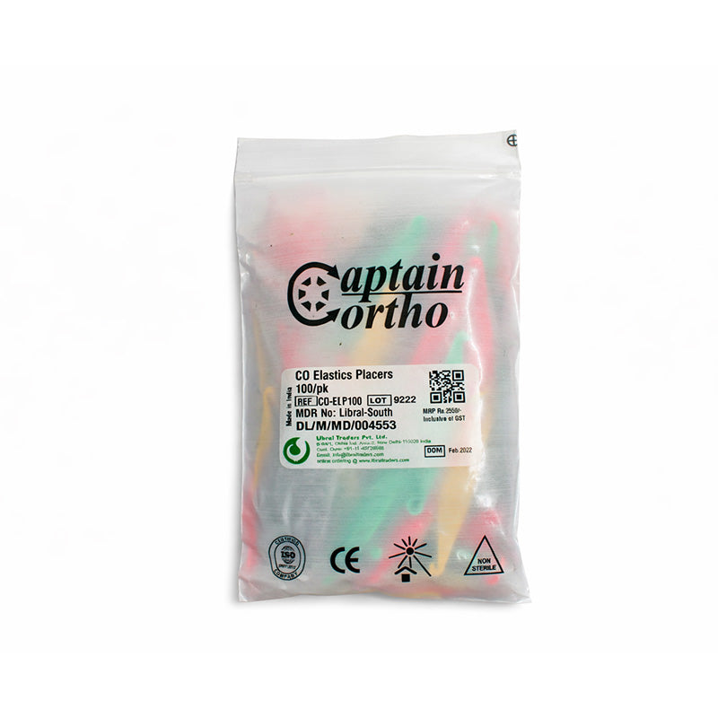 Captain Orthodontics Captain Elastic Placer, a set of 10 elastomeric accessories for orthodontic use.