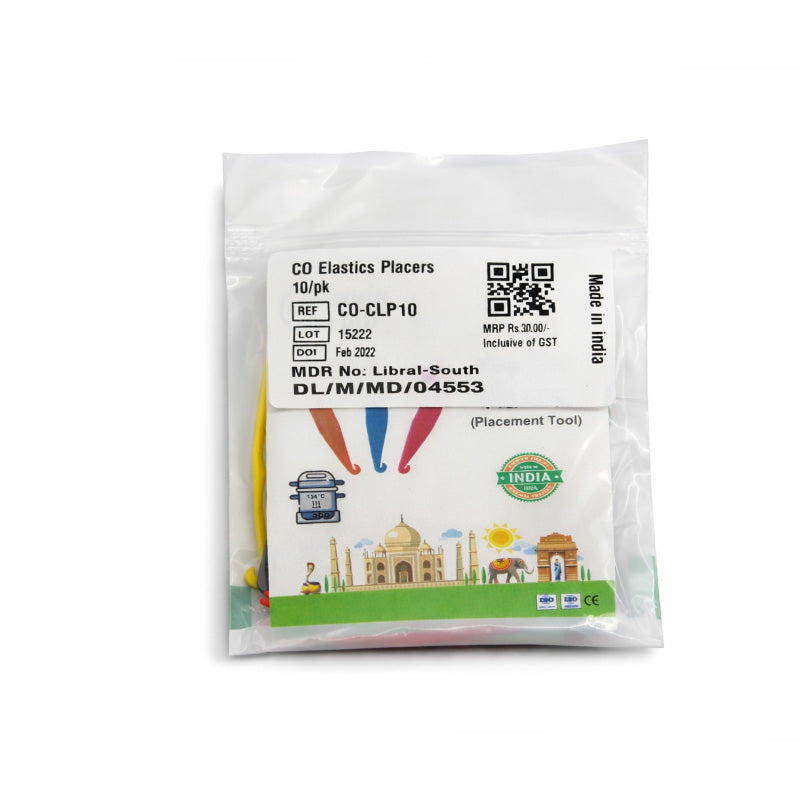 Captain Orthodontics Captain Elastic Placer, set of 10 elastic placers for orthodontic accessories, shown in a close-up image.