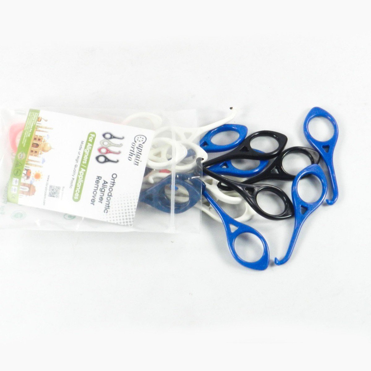 Assorted Captain Clear Aligner Removal Tools from Captain Orthodontics, plastic accessories for removing clear aligners.