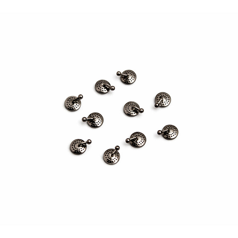 Captain Orthodontics bondable perforated button with hook for orthodontic appliances, shown in close-up image.