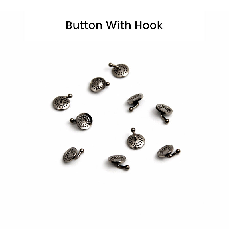 Captain Orthodontics bondable perforated button with hook, orthodontic appliance component, shown with attached hook for dental use.