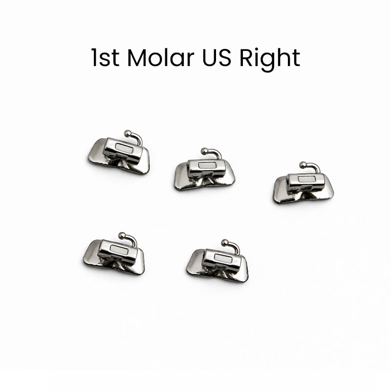 Captain Orthodontics bondable MBT/Roth .018 inch tubes on first molar, showing five bondable orthodontic tubes for secure attachment.