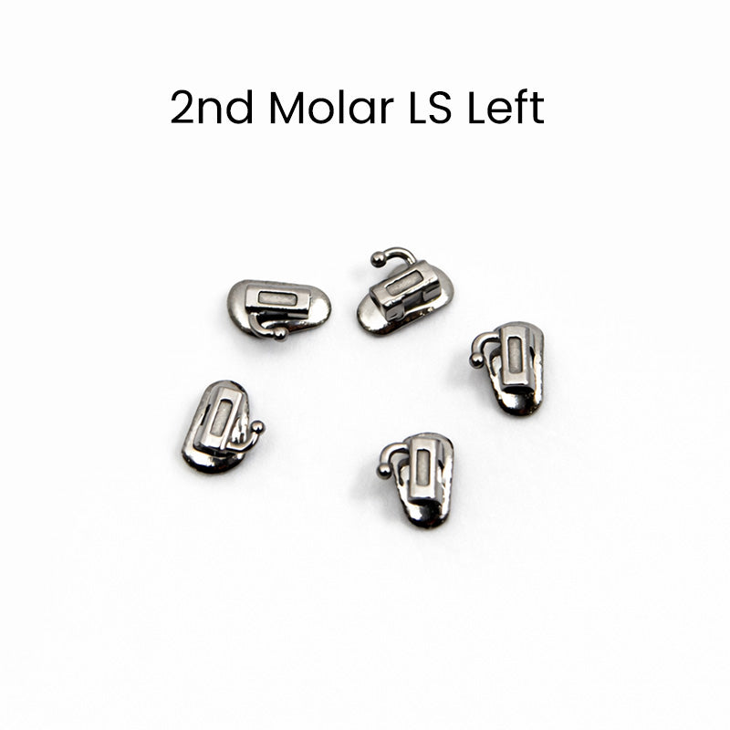 Captain Orthodontics MBT/Roth .018 bondable tubes on first molar; set of 5, displayed on upper right dental arch.
