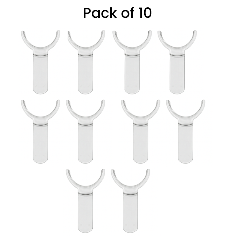 Set of 10 Captain Orthodontics Captain Gingival Lip Retractors for adult cheek and tongue retraction, clear plastic dental tools.