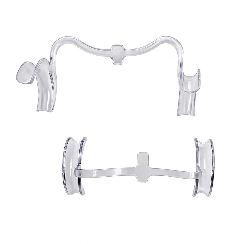 Captain Orthodontics Cheek and Tongue Retractor M Type for dental procedures, showing the clear, curved retractor in use.