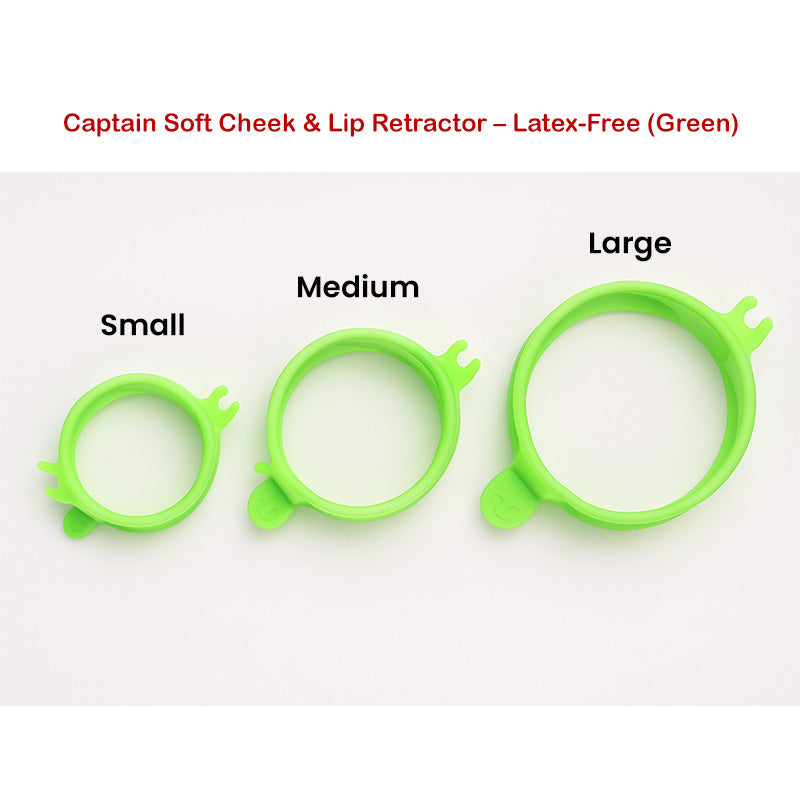Captain Soft Cheek & Lip Retractor in green, latex-free cheek and tongue retractor for orthodontic use, by Captain Orthodontics.