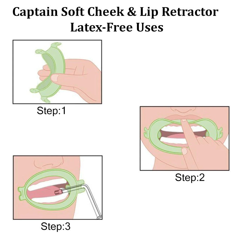 Captain Orthodontics latex-free green cheek and lip retractor, large size, for orthodontic procedures and oral exams.
