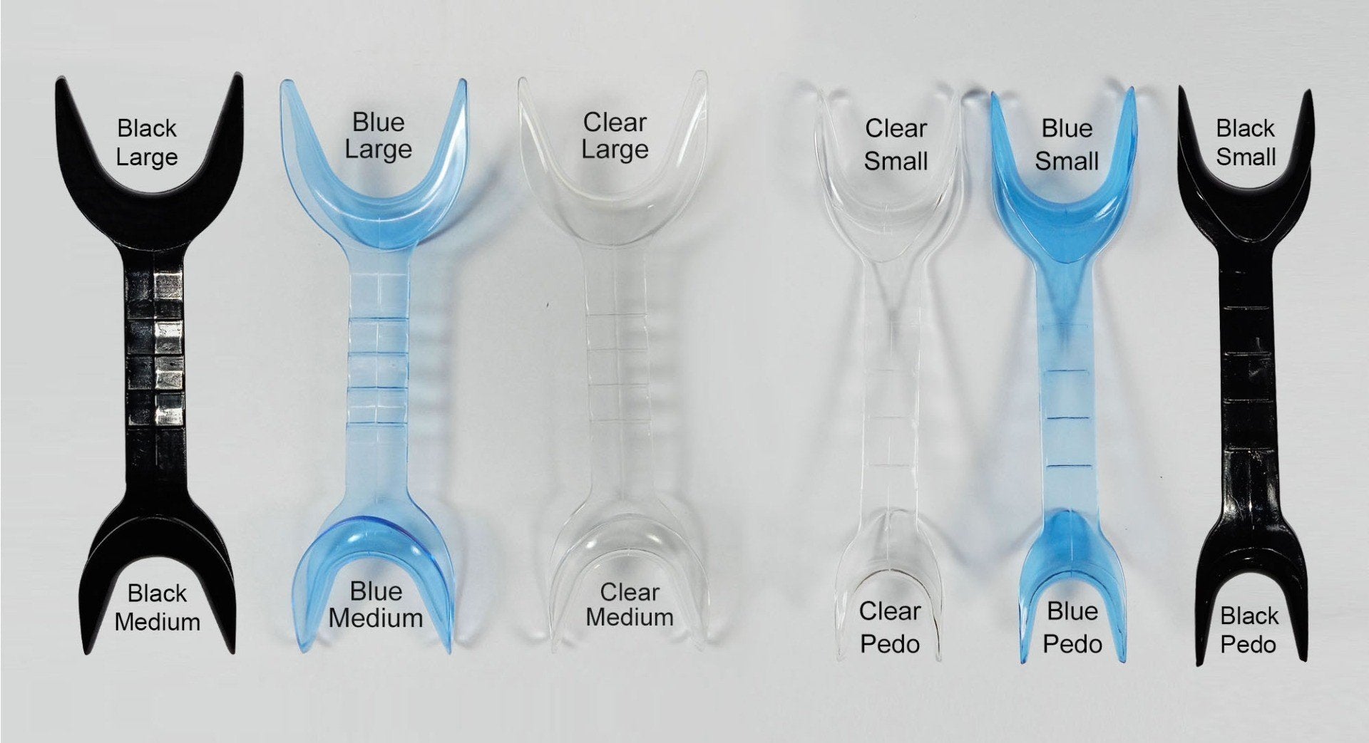 Captain Orthodontics double-sided cheek and tongue retractor set in transparent blue, featuring large and medium sizes.