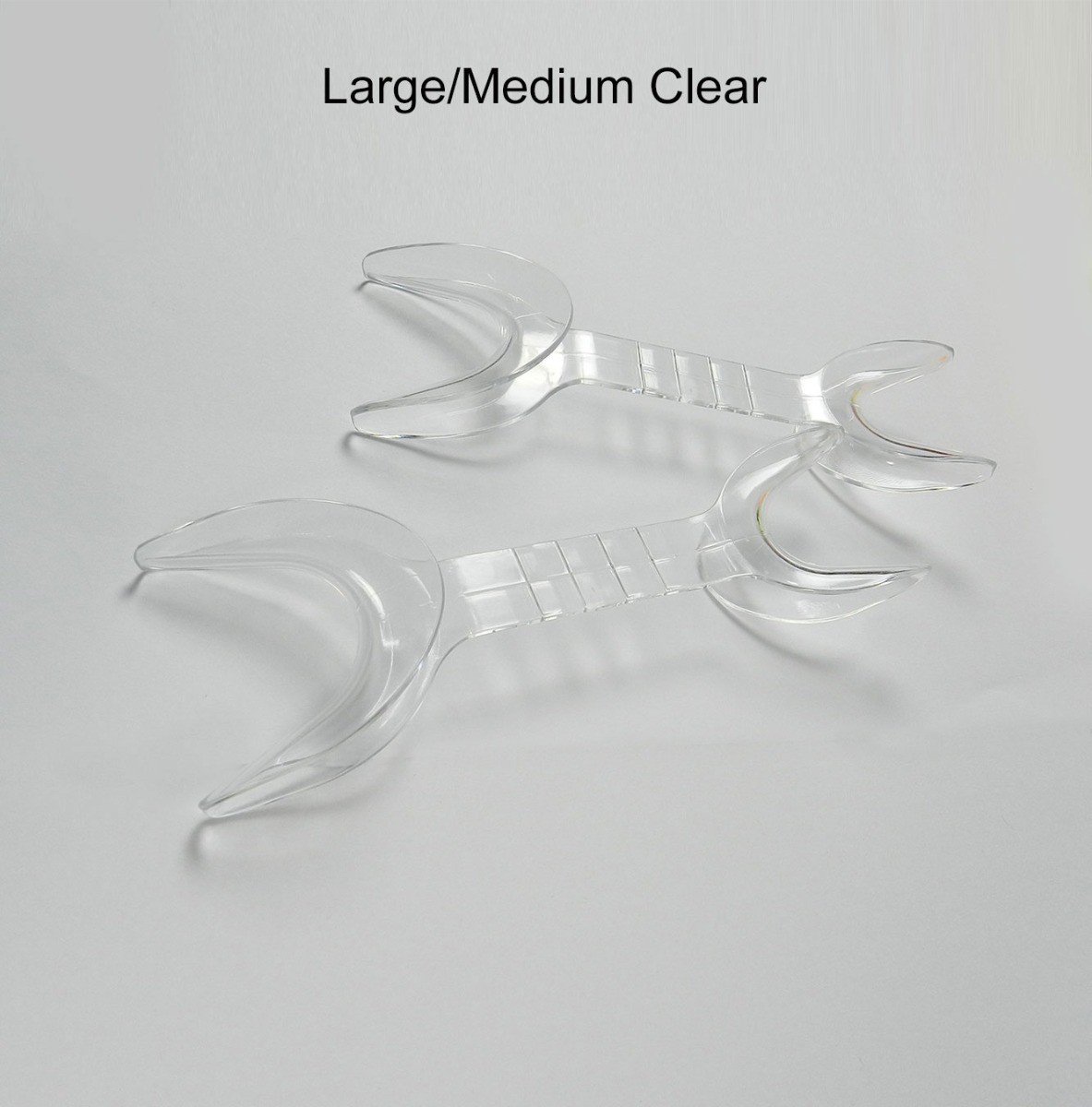 Captain Orthodontics double-sided cheek and tongue retractors in blue, shown in large and medium sizes, for dental procedures.