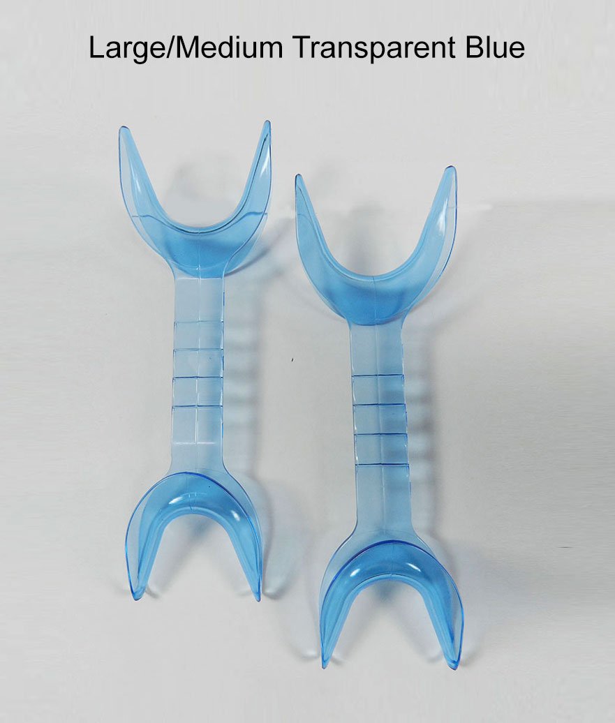 Captain Orthodontics double-sided cheek and tongue retractor set in transparent blue, designed for dental procedures.