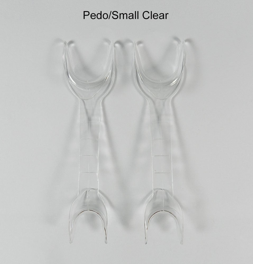Captain Orthodontics double-sided cheek and tongue retractors in blue, displayed with two retractors in medium and large sizes.