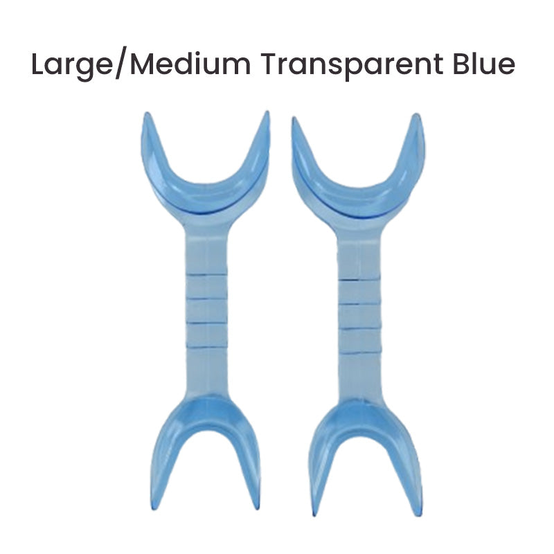 Captain Orthodontics double-sided cheek and tongue retractor in blue, showing its large and medium sizes for dental procedures.