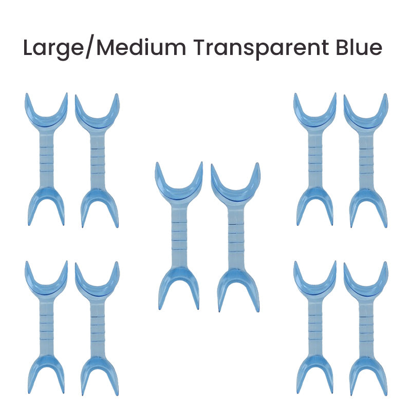 Captain Orthodontics double-sided cheek and tongue retractor in blue, large and medium sizes, designed for dental examinations.