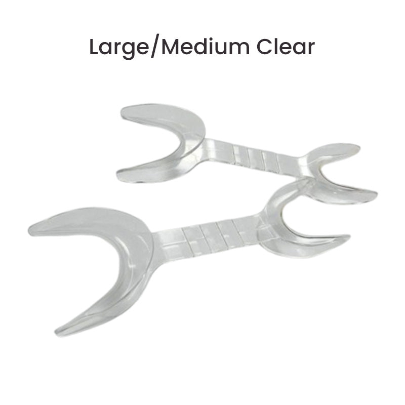 Captain Orthodontics double-sided cheek and tongue retractors in blue, large and medium sizes, for dental procedures.