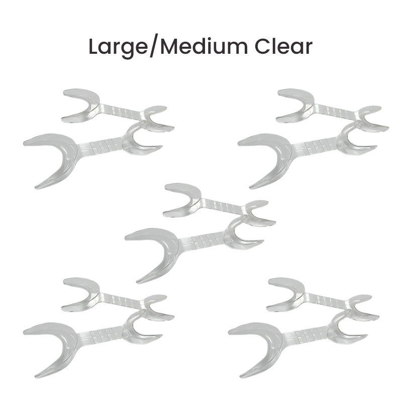 Captain Orthodontics double-sided cheek and tongue retractors, blue, large and medium sizes, used for dental procedures and orthodontics.