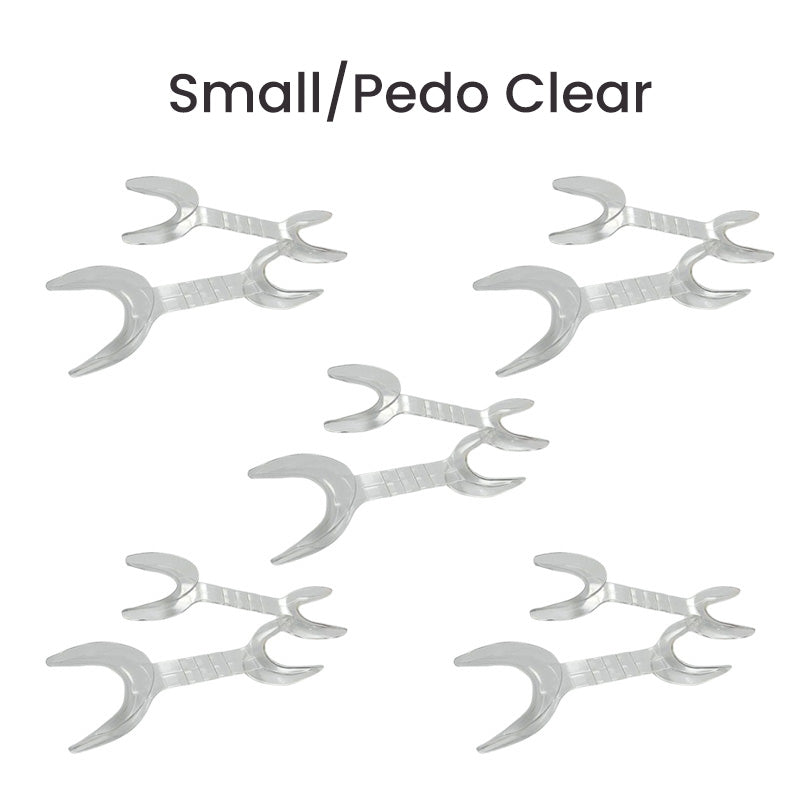 Captain Orthodontics double-sided cheek and tongue retractors in blue, shown in a large and medium size set.