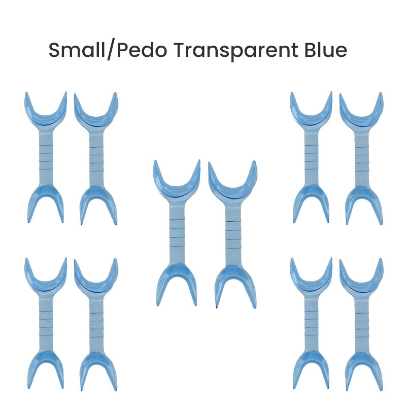 Captain Orthodontics double-sided cheek and tongue retractor, large and medium size, in translucent blue, for orthodontic procedures.