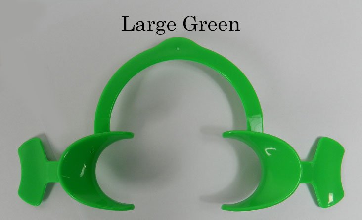 Captain Flexi Eco cheek and tongue retractor with wings, made by Captain Orthodontics, shown in use during dental procedures.