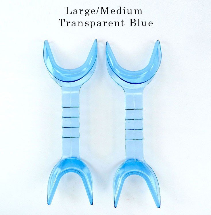 Captain Orthodontics double-sided cheek and tongue retractor, transparent blue, small pediatric dental instrument.