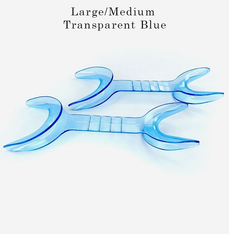 Captain Orthodontics double-sided cheek and tongue retractor in transparent blue, suitable for dental procedures and oral exams.