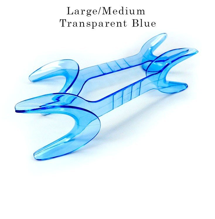 Captain Orthodontics double-sided cheek and tongue retractor in transparent blue, designed for pediatric dental procedures.