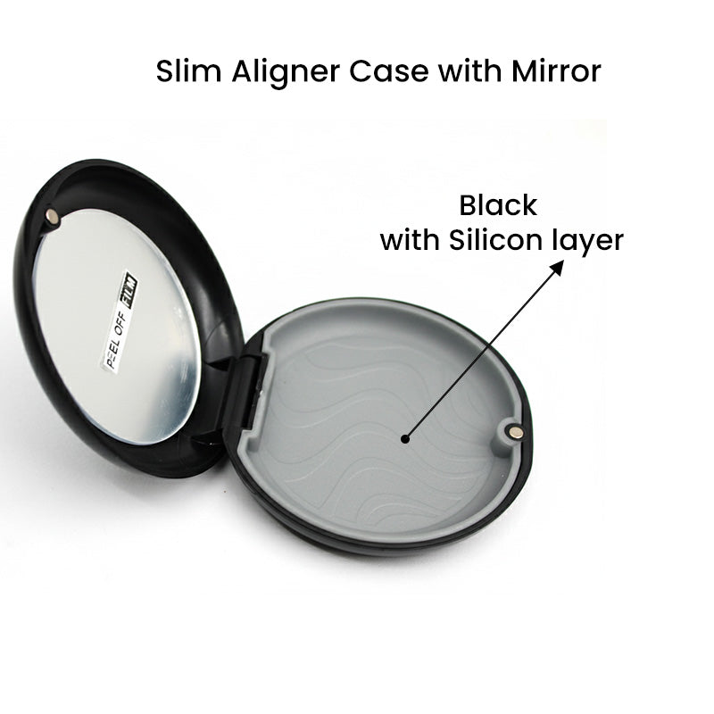 Captain Slim Aligner Case in black with silicone layer, designed for denture and retainer storage, from Captain Orthodontics.