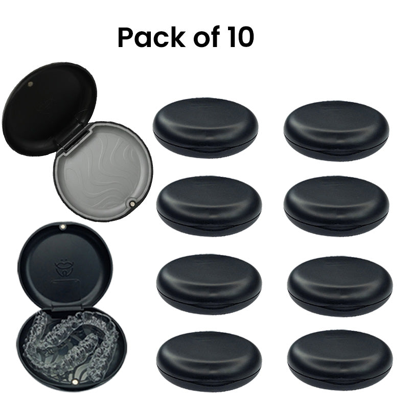 Set of ten Captain Orthodontics Captain Slim Aligner Cases in black with silicone layer for denture and retainer storage.