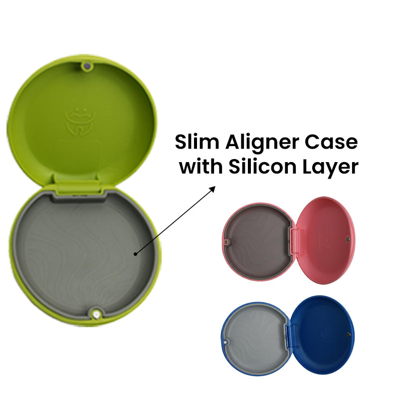 Assorted color Captain Slim Aligner Case by Captain Orthodontics with silicone layer for denture and retainer storage.