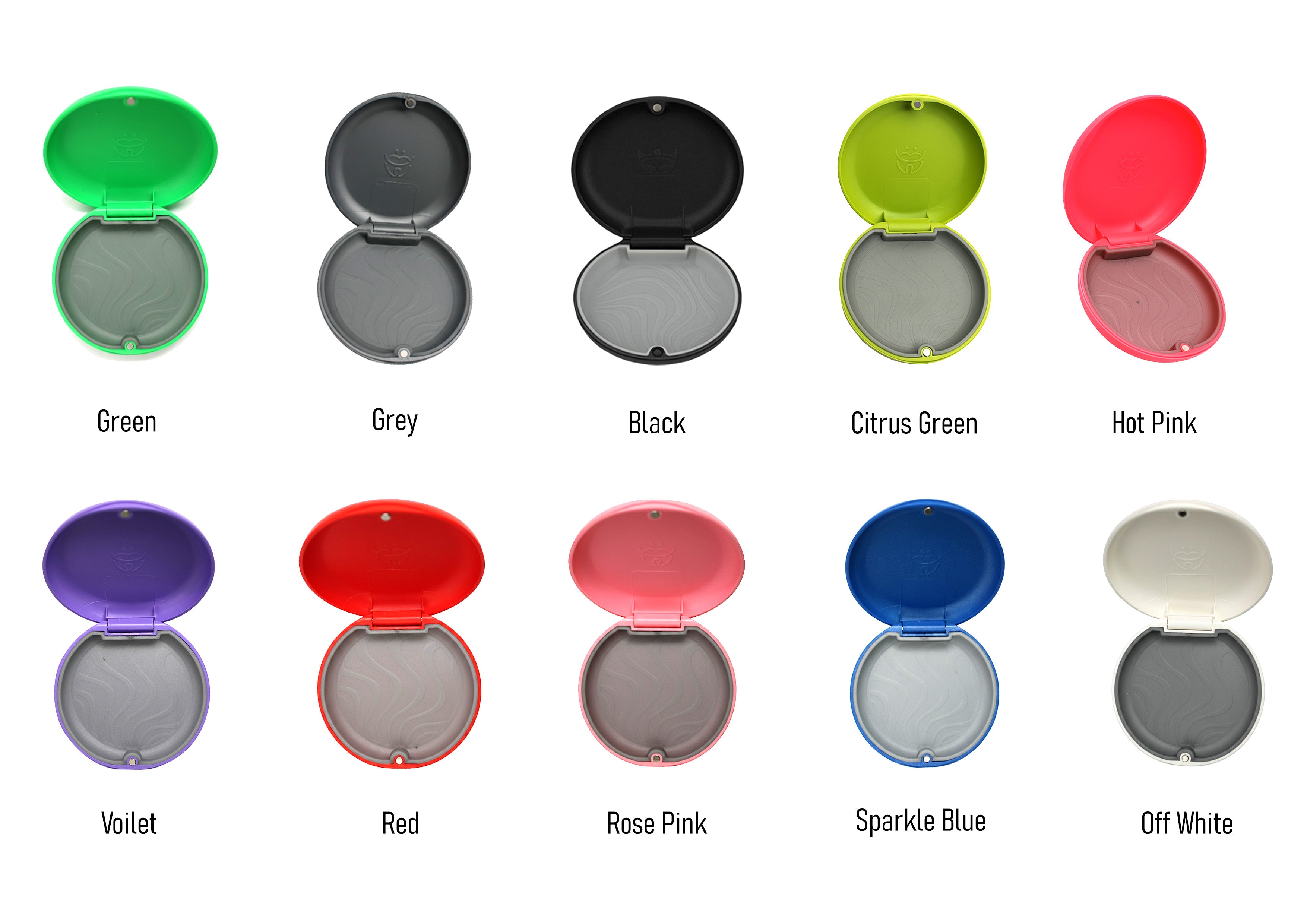 Assorted color Captain Slim Aligner Case by Captain Orthodontics with silicone layer for denture and retainer storage.