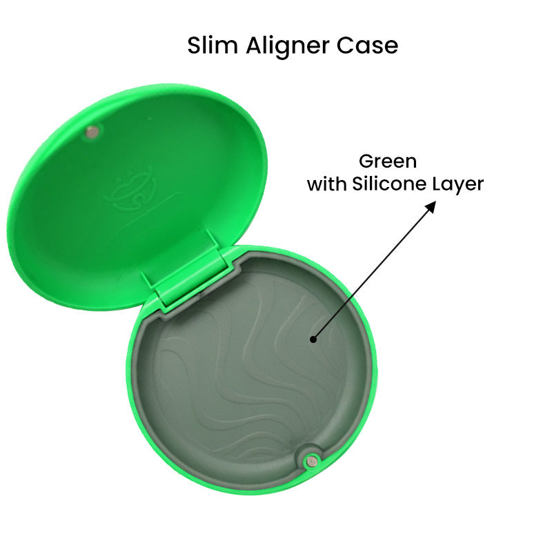 Green Captain Slim Aligner Case by Captain Orthodontics with silicone layer, designed for denture and retainer storage.