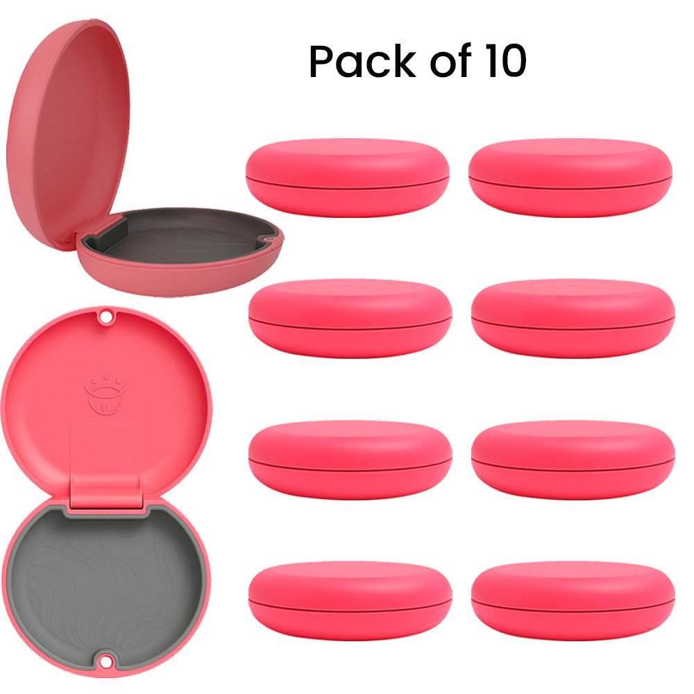 Captain Orthodontics Captain Slim Aligner Case in hot pink with silicone layer, designed for denture and retainer storage.