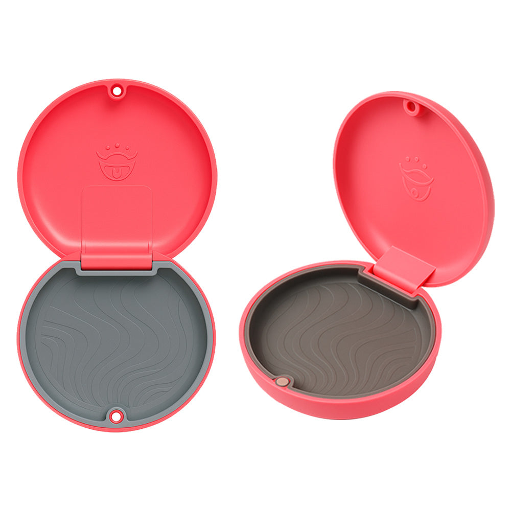 Captain Orthodontics Captain Slim Aligner Case in hot pink with silicone layer, denture and retainer storage box showing open design.