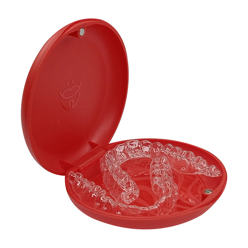 Red Captain Slim Aligner Case by Captain Orthodontics, denture and retainer box with silicone layer for secure storage.
