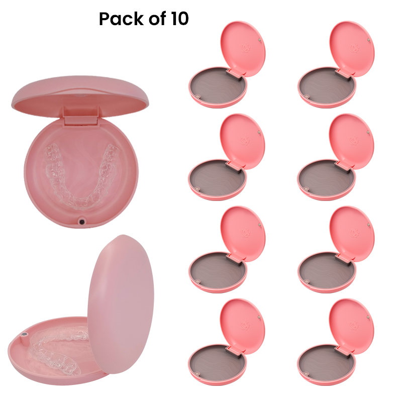 Captain Orthodontics Captain Slim Aligner Case in rose pink with silicone layer, designed for denture and retainer storage.