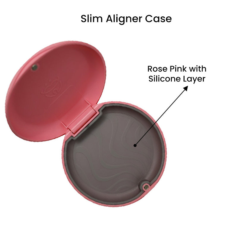 Rose pink Captain Slim Aligner Case from Captain Orthodontics with silicone layer, designed for denture and retainer storage.