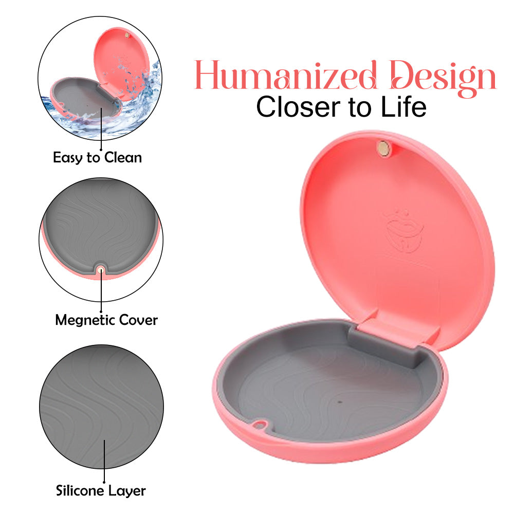 Captain Orthodontics Captain Slim Aligner Case in rose pink with silicone layer, ideal for denture and retainer storage.