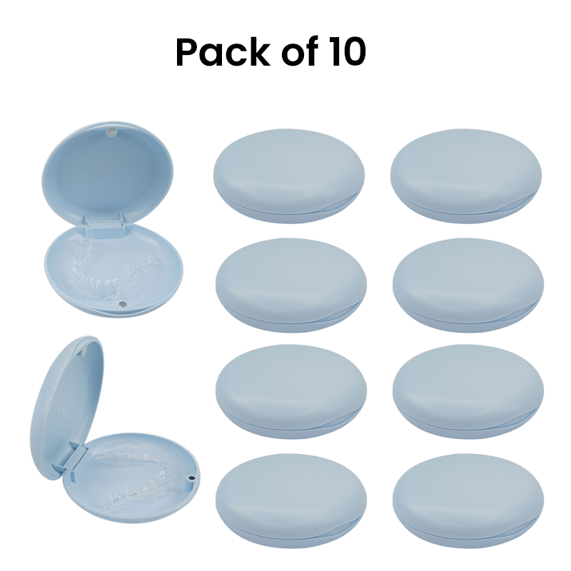 Set of 10 Captain Orthodontics Sky Blue Slim Aligner Cases with silicone layer for denture and retainer storage.