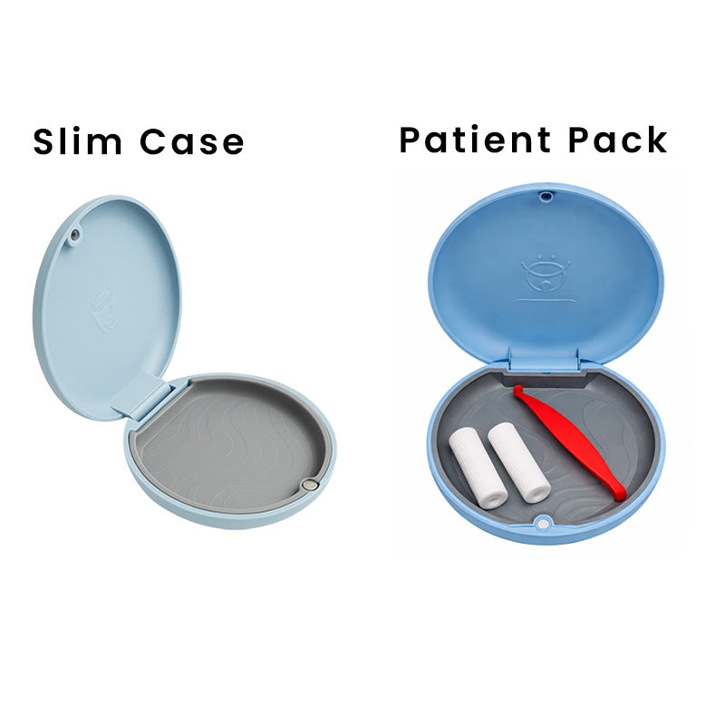 Sky blue Captain Slim Aligner Case by Captain Orthodontics, featuring a silicone layer for denture and retainer storage.