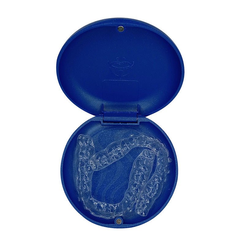 Captain Orthodontics Captain Slim Aligner Case in Sparkle Blue with silicone layer, designed for denture and retainer storage.