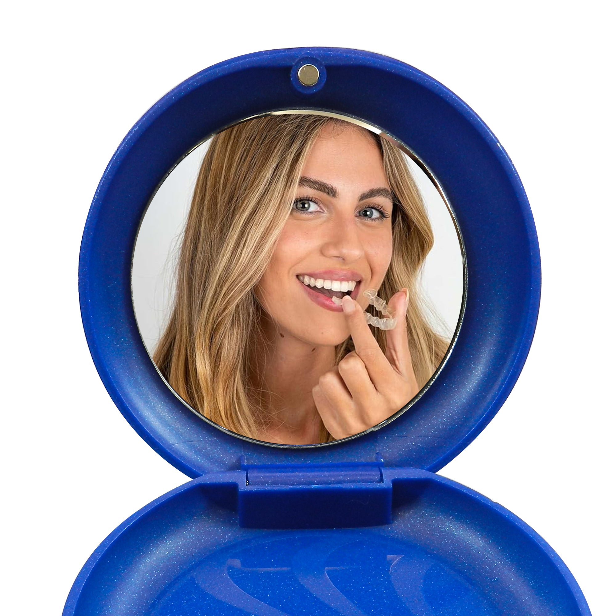 Captain Slim Aligner Case in Sparkle Blue with silicone layer, designed for denture and retainer storage by Captain Orthodontics