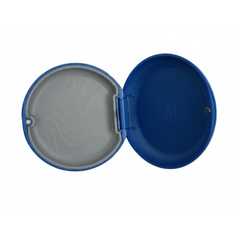 Captain Slim Aligner Case Sparkle Blue with silicone layer, a durable denture and retainer box by Captain Orthodontics.