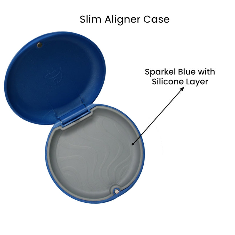 Captain Orthodontics Slim Aligner Case in Sparkle Blue with silicone layer, designed for denture and retainer storage.